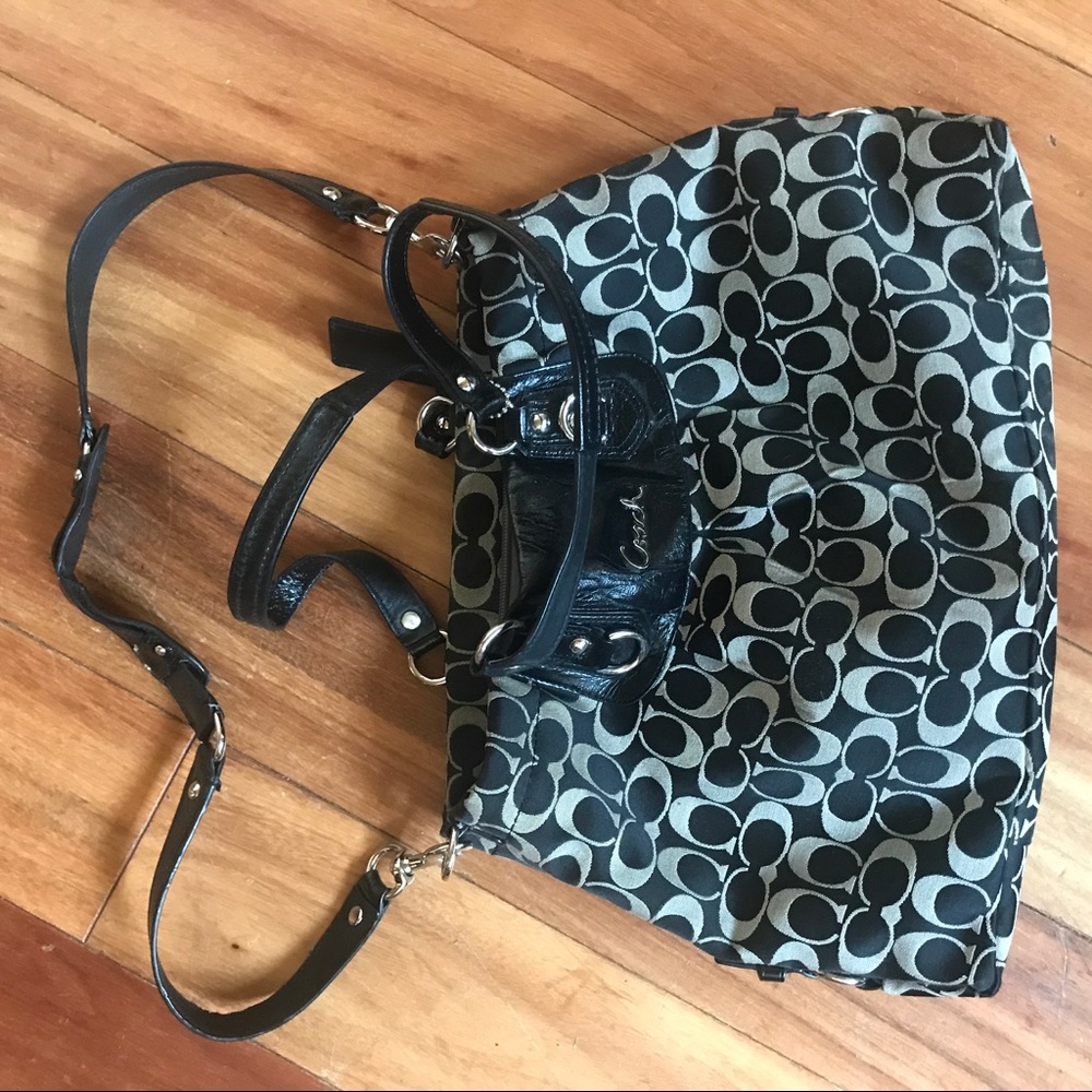 Black coach bag (strap chewed on by my Yorkiepoo)